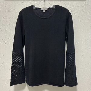 Neiman Marcus Black Cashmere Pullover Sweater Sz L Perforated Slight Bell Sleeve